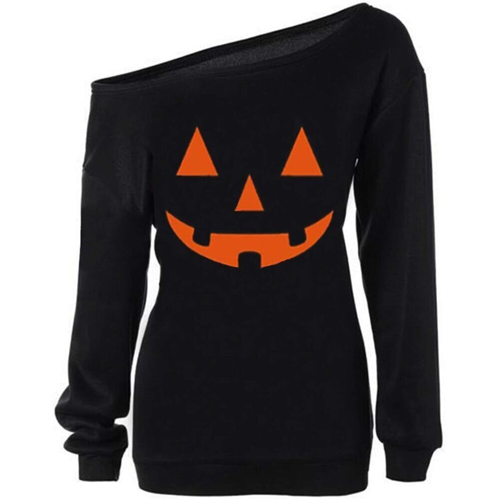 Women's Off Shoulder Halloween Sweatshirt Cotton Blend Pumpkin Long Sleeve